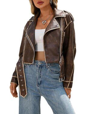 Women's All Brown Faux Leather Cropped Biker Jacket Vintage Short Belted Coat